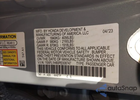 2023 Honda Civic Sport Touring z USA, uszkodzony, nr VIN 19XFL1H80PE008747